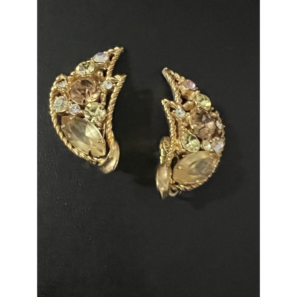 VTG Emmons earrings MULTICOLOR RHINESTONE AMBER GLOW  openwork Climber - Picture 11 of 15